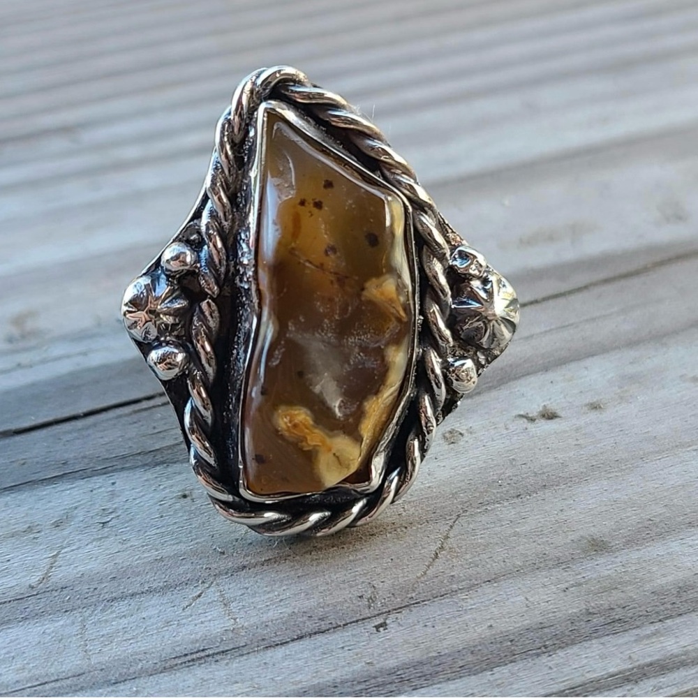 Handmade Sterling Silver and Sea-glass Brown Stone Ring